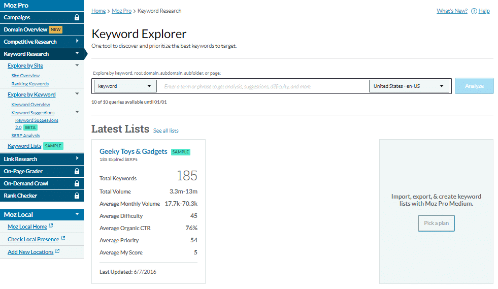 Moz Keyword Explorer